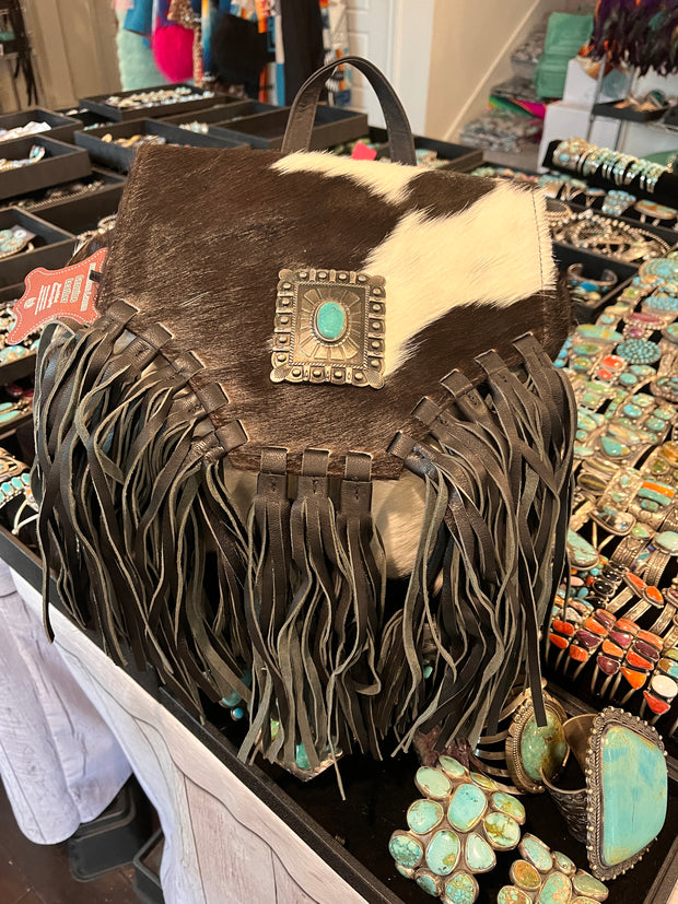 Cowhide and Fringe Concho Backpack- A