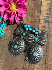 Clip On Large Sterling and Turquoise Concho Earrings #1