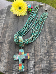 Multi Strand Inlay Kingman Cross Necklace