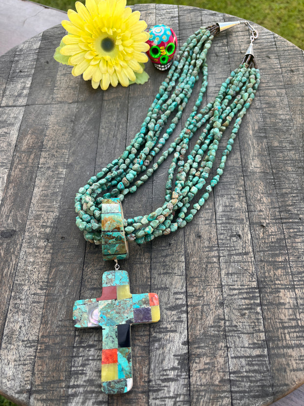 Multi Strand Inlay Kingman Cross Necklace