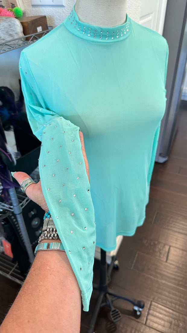 Turquoise + Rhinestone Mesh Shirt