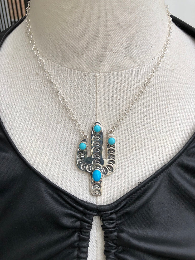 Stamped Turquoise Cactus Necklace