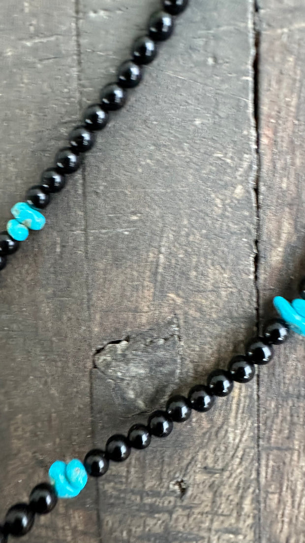 Onyx and Kingman Bead Necklace with Squash Blossom Pendant