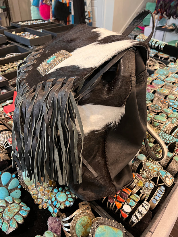 Cowhide and Fringe Concho Backpack- A