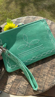 Turquoise Boot Stitch Wristlet Bag