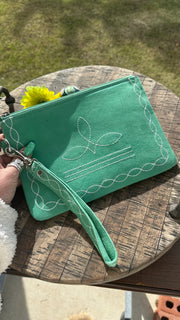 Turquoise Boot Stitch Wristlet Bag