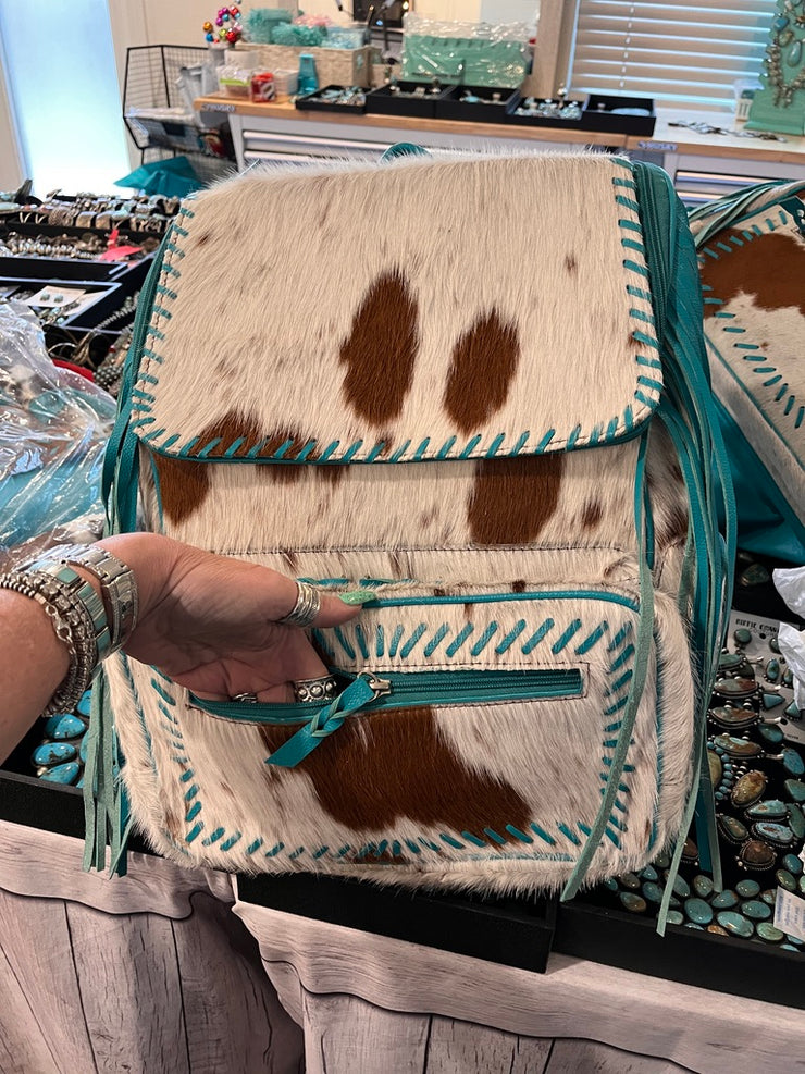 Brown and White Turquoise Fringe and Cowhide Backpack