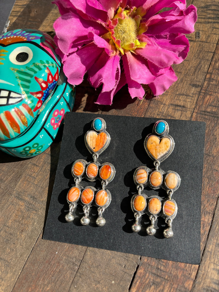 Orange Spiny and Turquoise Heart Earrings