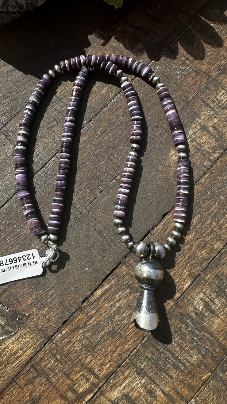 Wampum Shell Bead Necklace with Squash Blossom Pendant