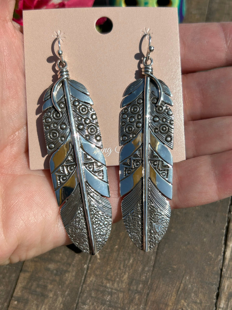 Sterling Stamped Feather Earrings