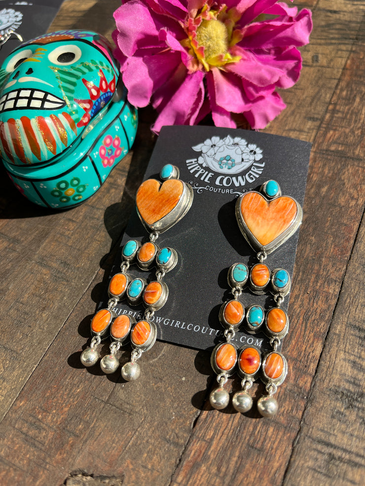 Orange Spiny and Turquoise Heart Earrings