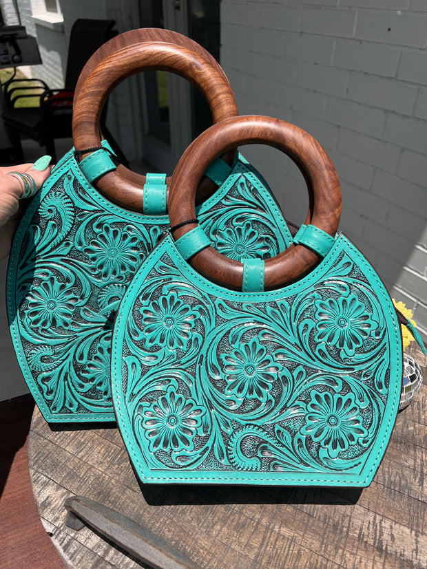 Wooden Handle Turquoise Tooled Bag