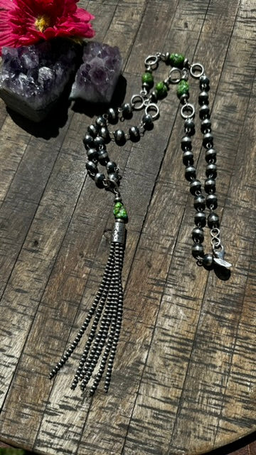 9mm Rosary Pearl and Sonoran Gold Tassel Necklace