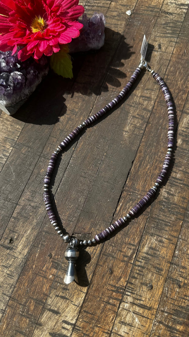Wampum Shell Bead Necklace with Squash Blossom Pendant