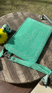 Turquoise Boot Stitch Wristlet Bag