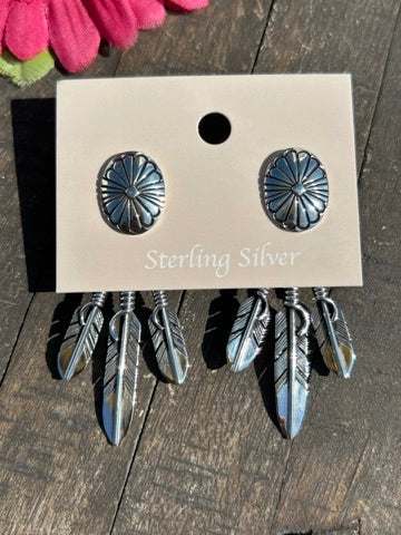 Shiny Sterling Concho Feather Jacket Stud Earrings