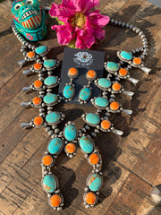 Kingman Turquoise and Orange Spiny Squash Blossom Set