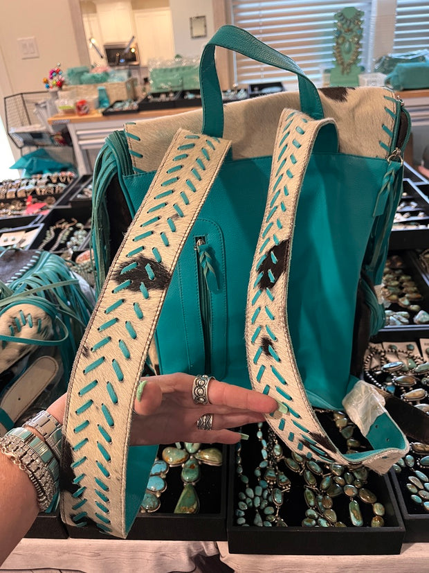 Dark Brown and White Cowhide and Turquoise Fringe Backpack