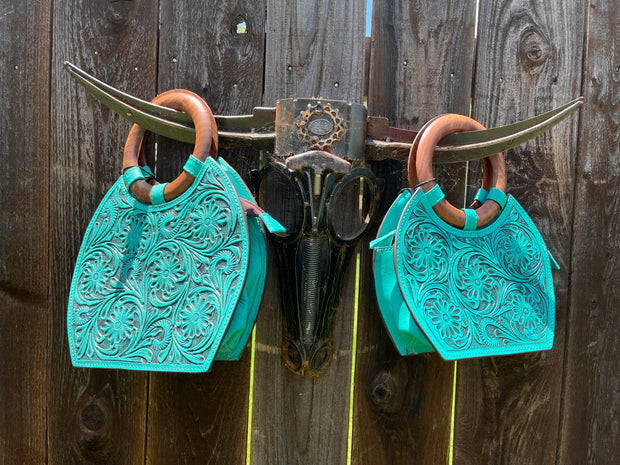 Wooden Handle Turquoise Tooled Bag