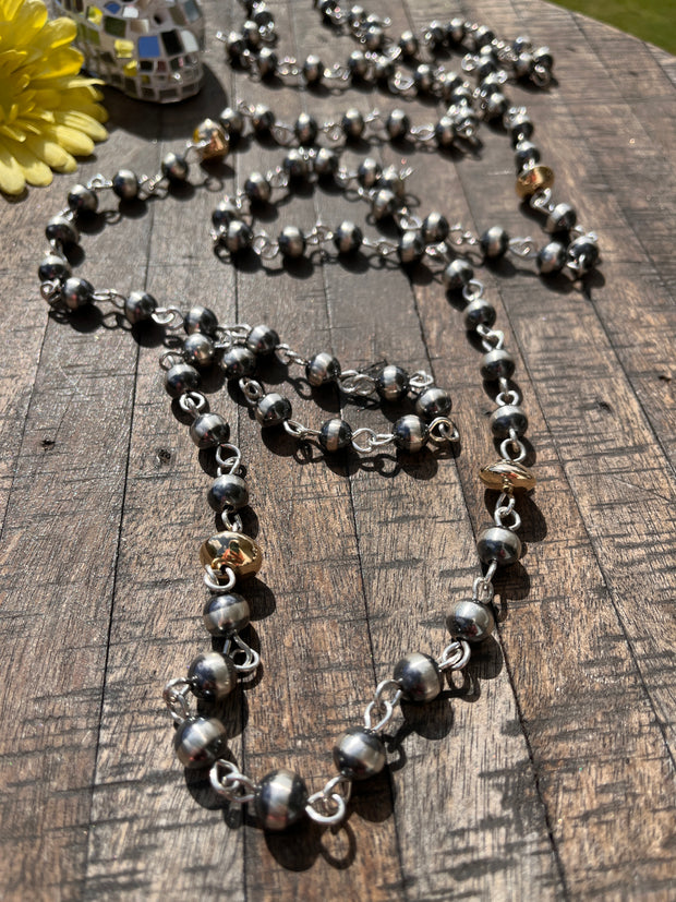 74" Navajo Style Pearl and Gold Filled Rosary Beads