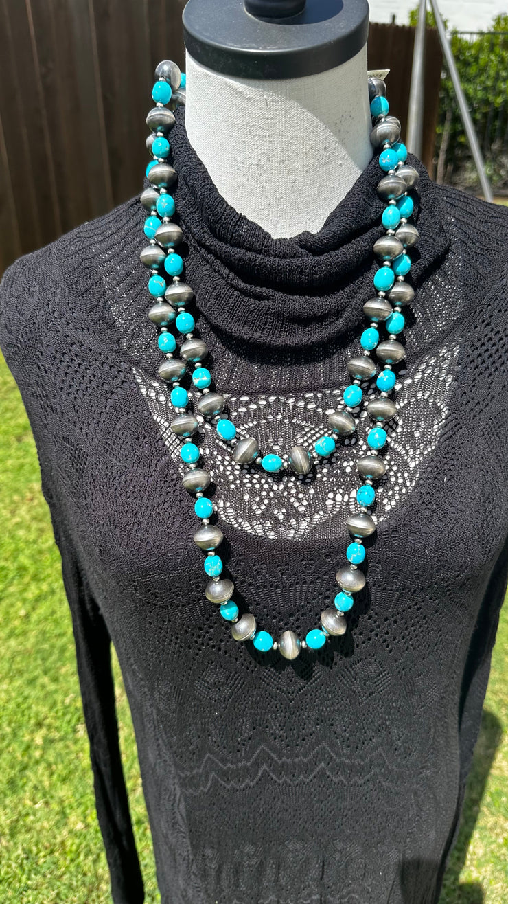 58" 16mm Pearl and Kingman Turquoise Necklace