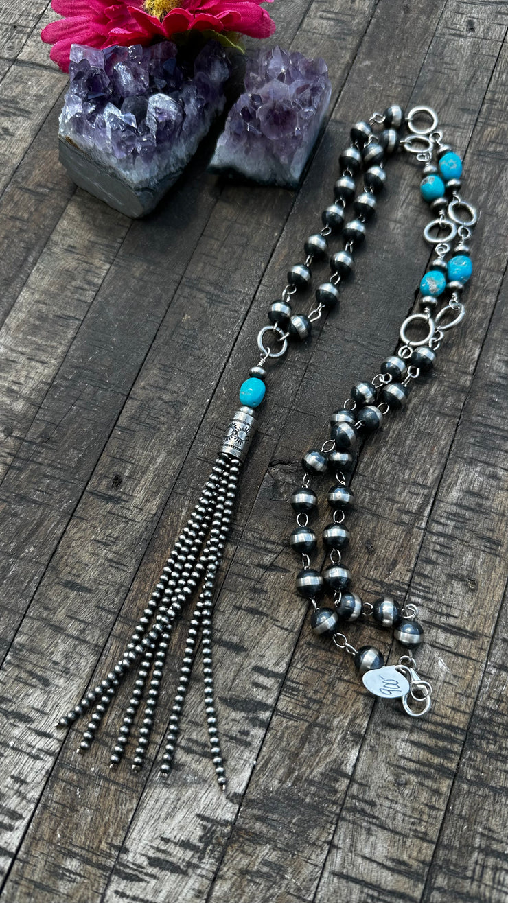 9mm Rosary Pearl and Sonoran Tassel Necklace