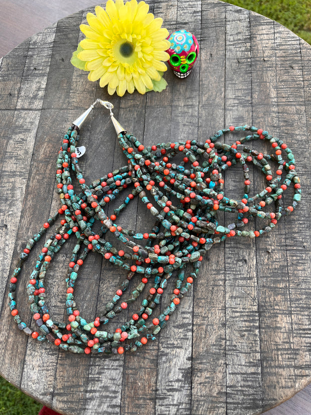 Multi Strand Coral and Kingman Necklace