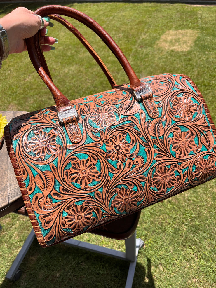 XL Tooled Turquoise and Saddle Concho Duffle Bag