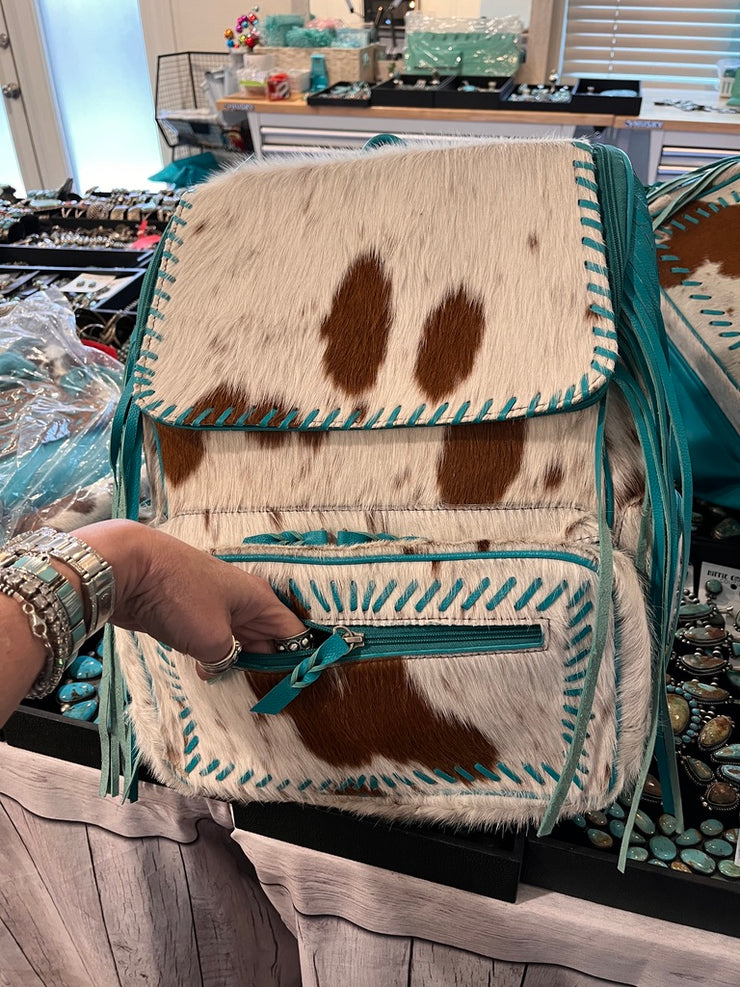 Brown and White Turquoise Fringe and Cowhide Backpack