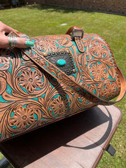 XL Tooled Turquoise and Saddle Concho Duffle Bag