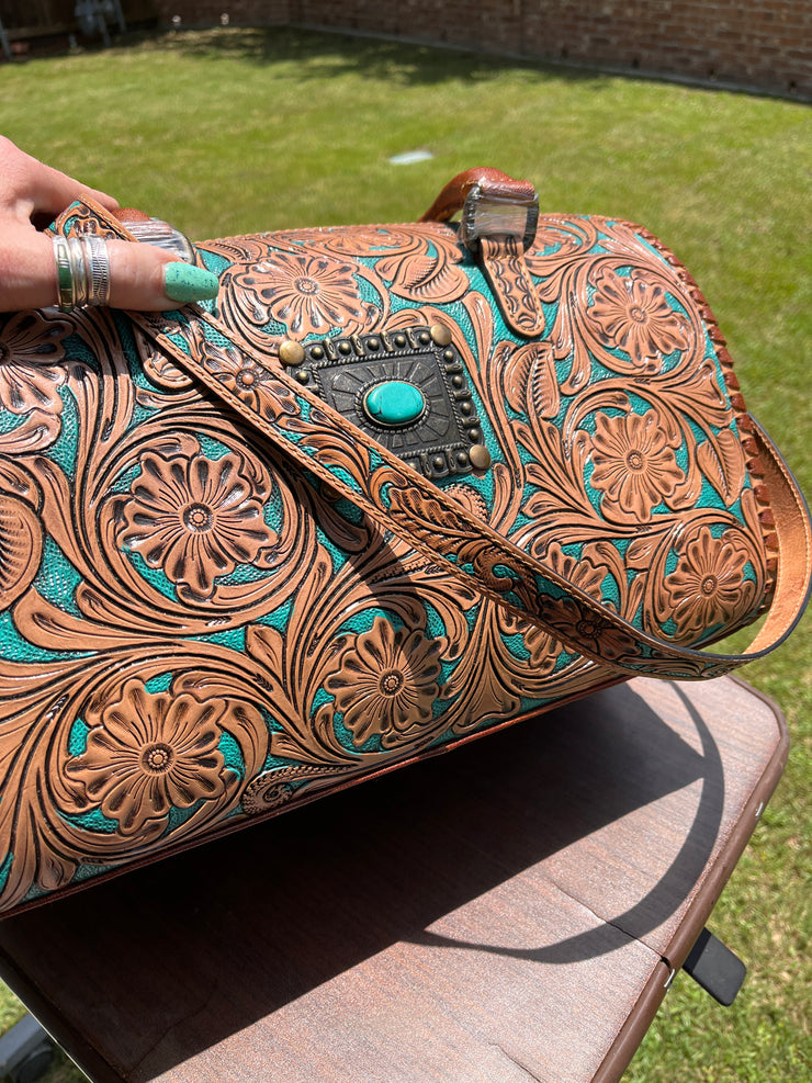 XL Tooled Turquoise and Saddle Concho Duffle Bag