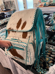 Brown and White Turquoise Fringe and Cowhide Backpack