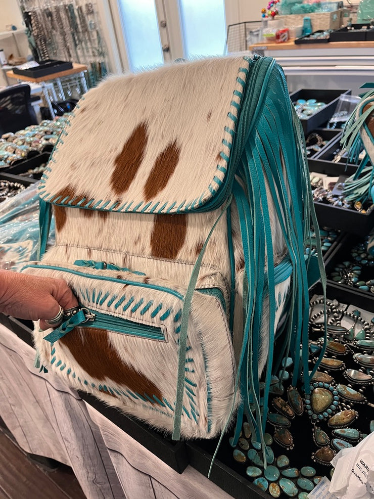 Brown and White Turquoise Fringe and Cowhide Backpack