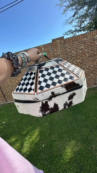 Checkerboard Cowhide and Leather Hat Can