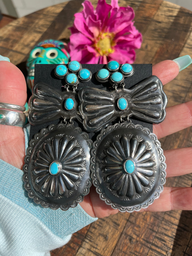 Clip On Large Sterling and Turquoise Concho Earrings #1