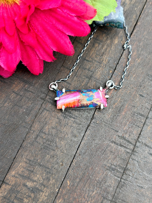 Waterproof Pink Dahlia Bar Necklace #3