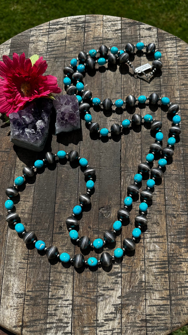 58" 16mm Pearl and Kingman Turquoise Necklace