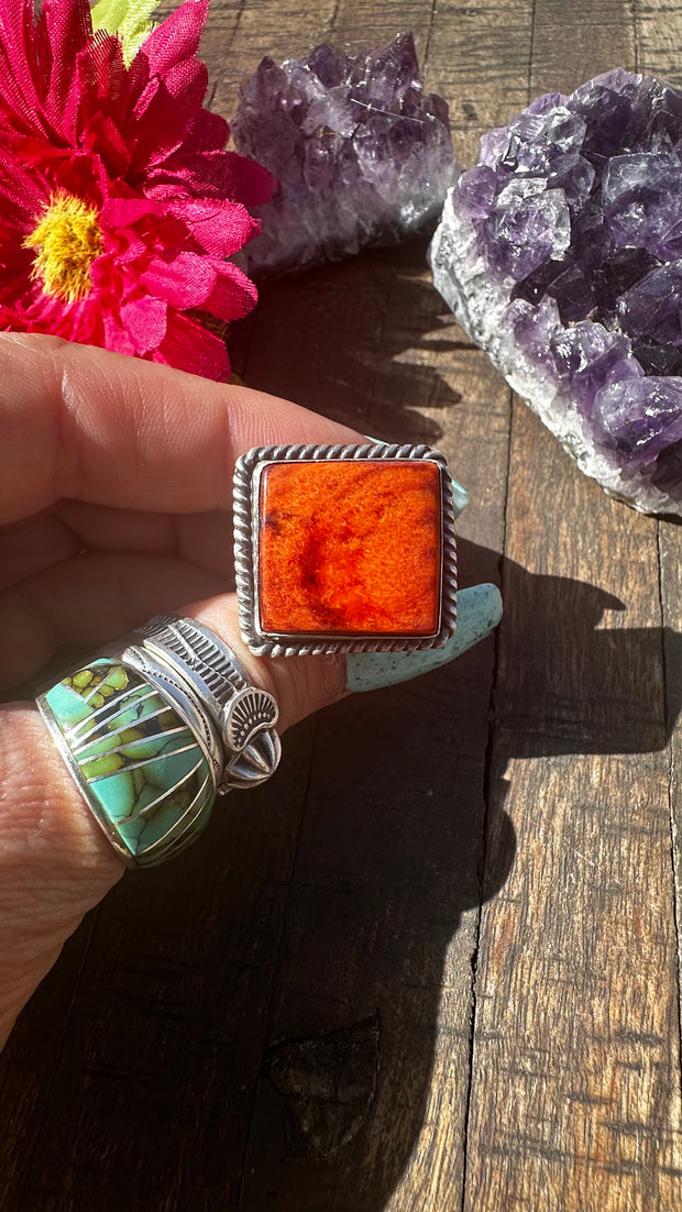 Adjustable Orange Spiny Square Ring #4