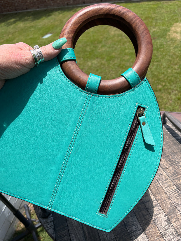 Wooden Handle Turquoise Tooled Bag