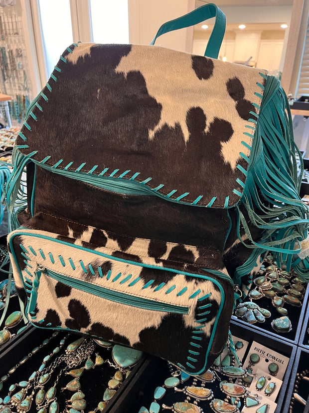 Dark Brown and White Cowhide and Turquoise Fringe  Backpack