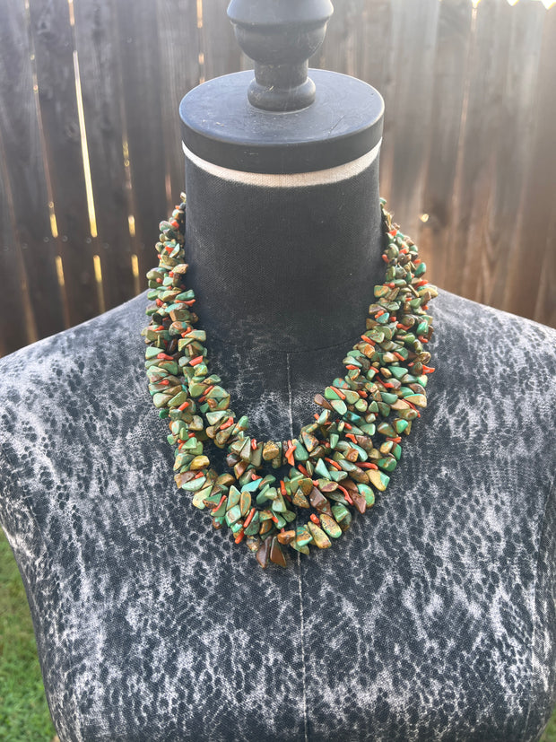Multi Strand Coral and Kingman Necklace