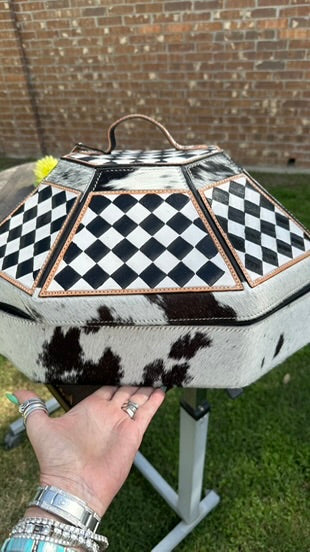 Checkerboard Cowhide and Leather Hat Can