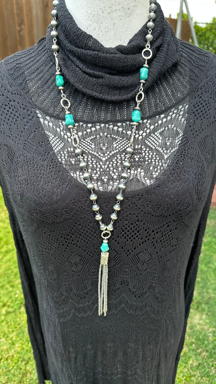 9mm Rosary Pearl and Kingman Tassel Necklace