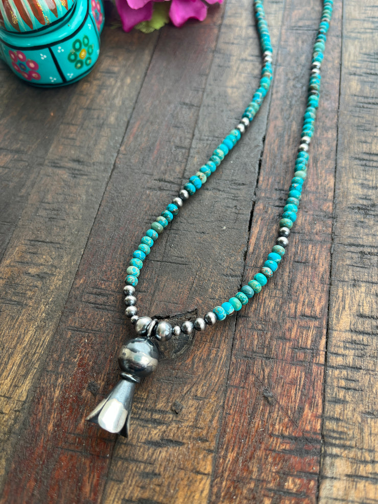 Kingman Bead Necklace with Squash Blossom Pendant