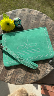 Turquoise Boot Stitch Wristlet Bag