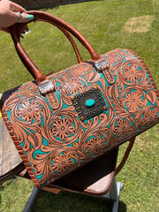 XL Tooled Turquoise and Saddle Concho Duffle Bag