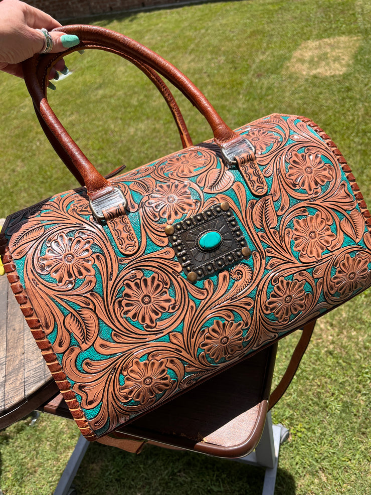 XL Tooled Turquoise and Saddle Concho Duffle Bag