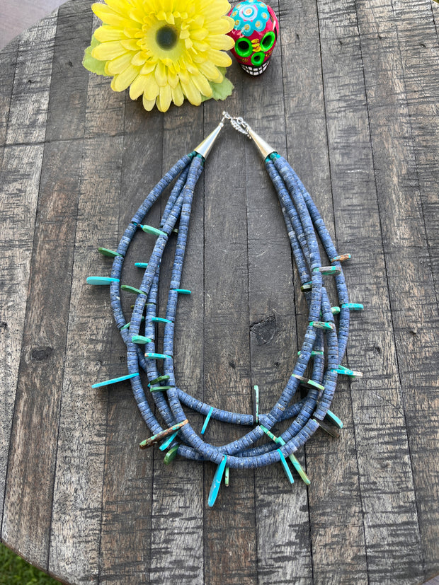 Multi Strand Denim Lapis and Kingman Necklace