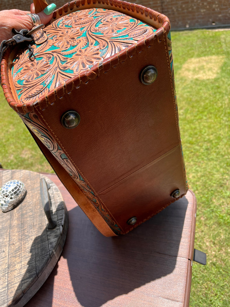 XL Tooled Turquoise and Saddle Concho Duffle Bag