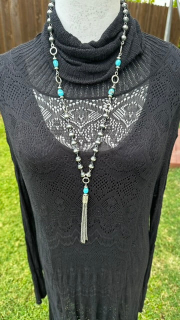 9mm Rosary Pearl and Sonoran Tassel Necklace